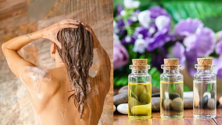 Shower aromatherapy setup with essential oils and steam for relaxation