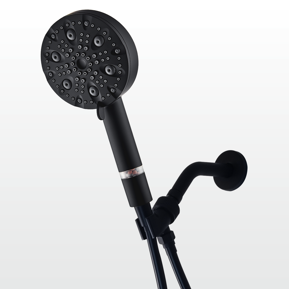 Głowica prysznicowa EcoLux z 9 trybami, czarna ze stali nierdzewnej i zestaw adapterów ściennych