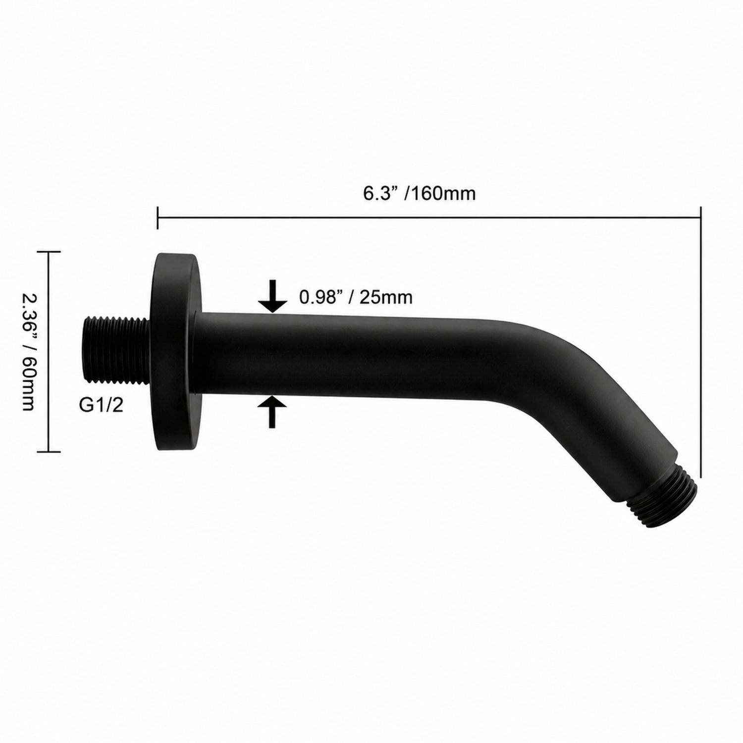 Bras de douche pour pommeau mural - Noir mat - Filetage 1/2 pouce
